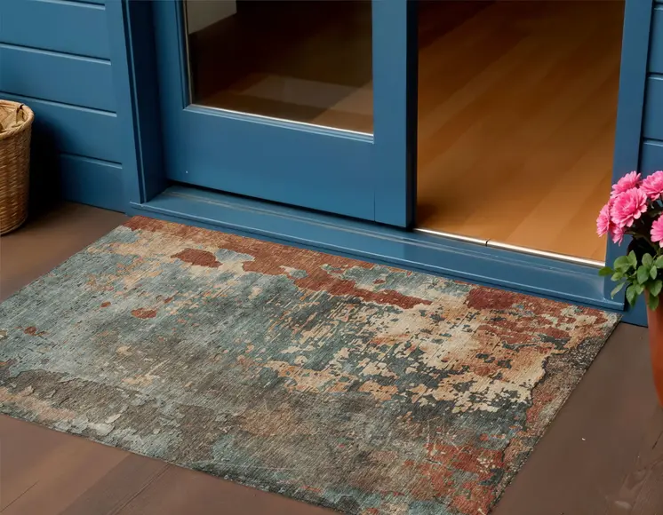 3' X 5' Pale Aqua Copper And Beige Abstract Washable Indoor Outdoor Area Rug
