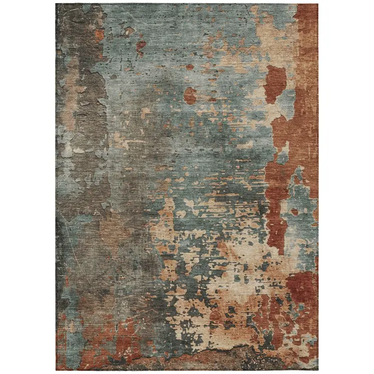 3' X 5' Pale Aqua Copper And Beige Abstract Washable Indoor Outdoor Area Rug