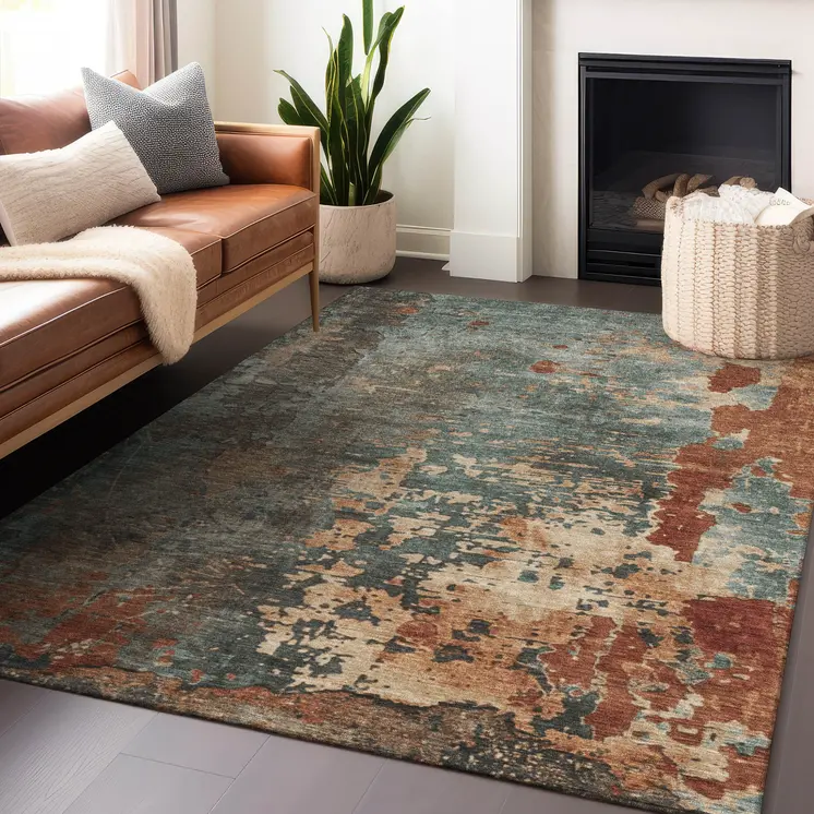 3' X 5' Pale Aqua Copper And Beige Abstract Washable Indoor Outdoor Area Rug