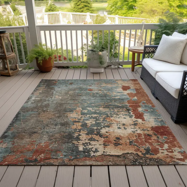 5' X 8' Pale Aqua Copper And Beige Abstract Washable Indoor Outdoor Area Rug