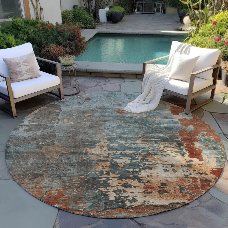 8' Pale Aqua Copper And Beige Round Abstract Washable Indoor Outdoor Area Rug