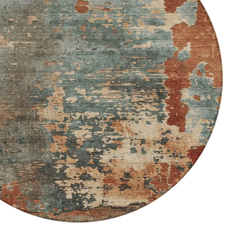 8' Pale Aqua Copper And Beige Round Abstract Washable Indoor Outdoor Area Rug