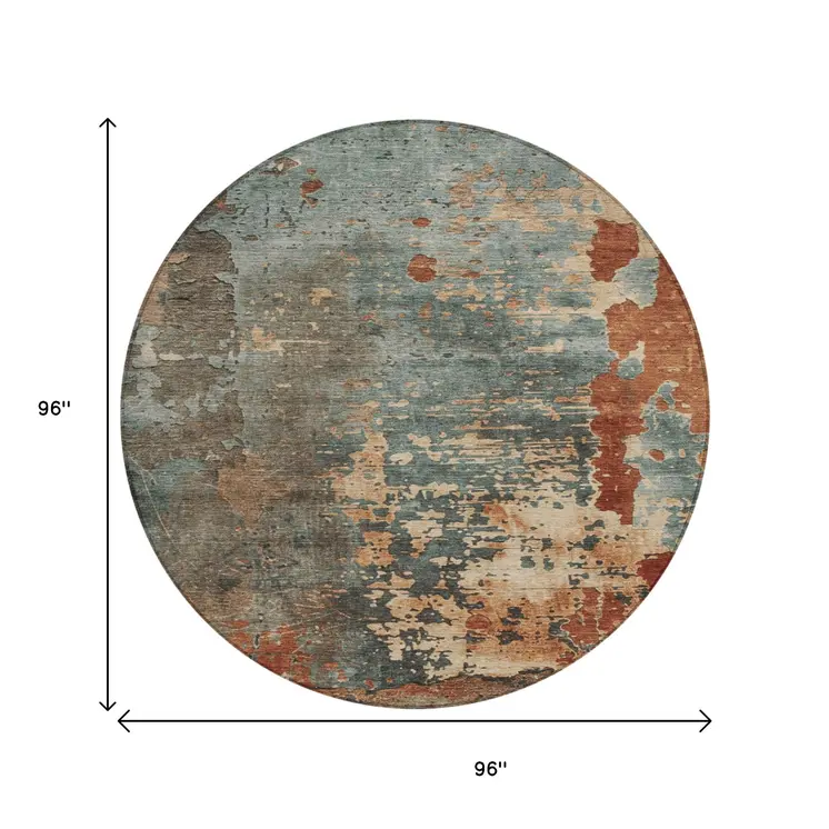 8' Pale Aqua Copper And Beige Round Abstract Washable Indoor Outdoor Area Rug
