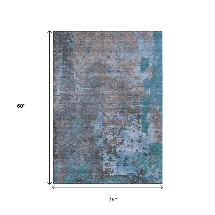 3' X 5' Teal Blue Taupe And Sky Blue Abstract Washable Indoor Outdoor Area Rug