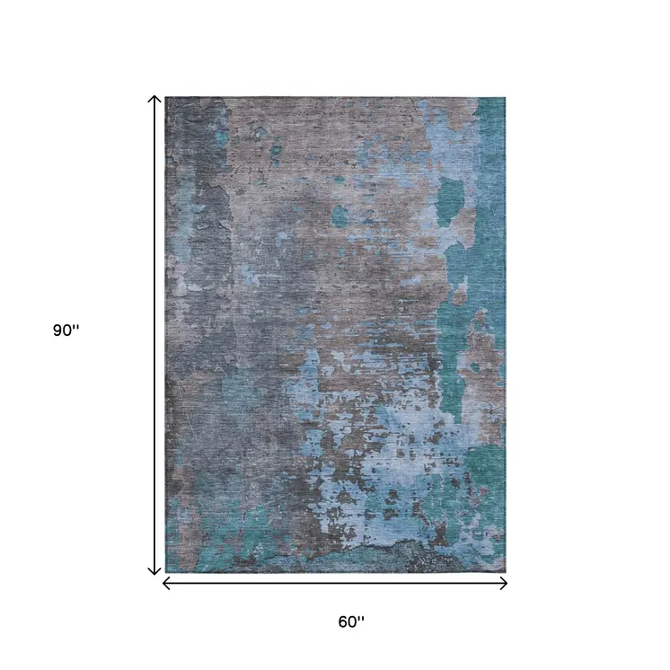 5' X 8' Teal Blue Taupe And Sky Blue Abstract Washable Indoor Outdoor Area Rug