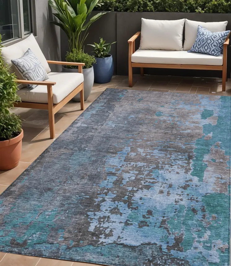 5' X 8' Teal Blue Taupe And Sky Blue Abstract Washable Indoor Outdoor Area Rug