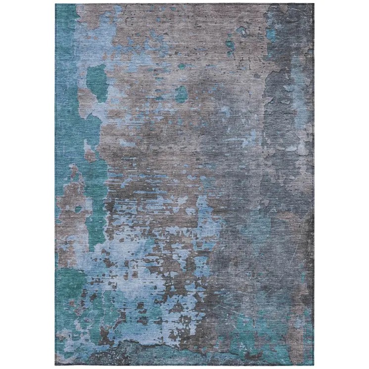5' X 8' Teal Blue Taupe And Sky Blue Abstract Washable Indoor Outdoor Area Rug