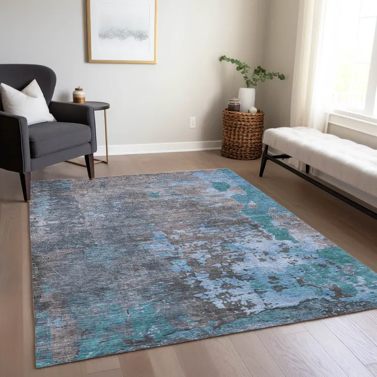 5' X 8' Teal Blue Taupe And Sky Blue Abstract Washable Indoor Outdoor Area Rug