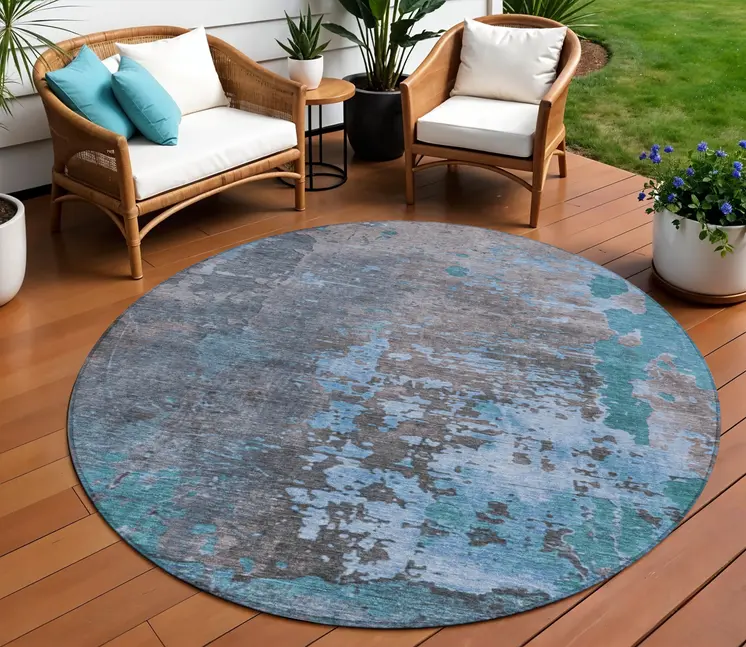 8' Teal Blue Taupe And Sky Blue Round Abstract Washable Indoor Outdoor Area Rug
