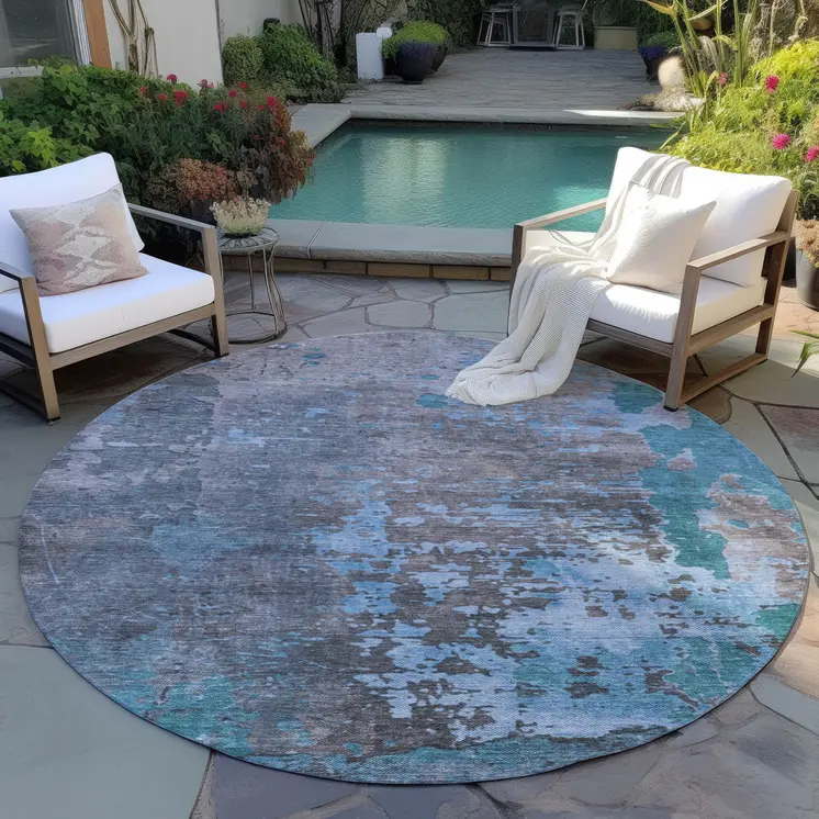 8' Teal Blue Taupe And Sky Blue Round Abstract Washable Indoor Outdoor Area Rug