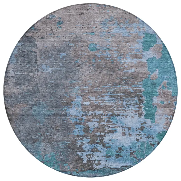 8' Teal Blue Taupe And Sky Blue Round Abstract Washable Indoor Outdoor Area Rug