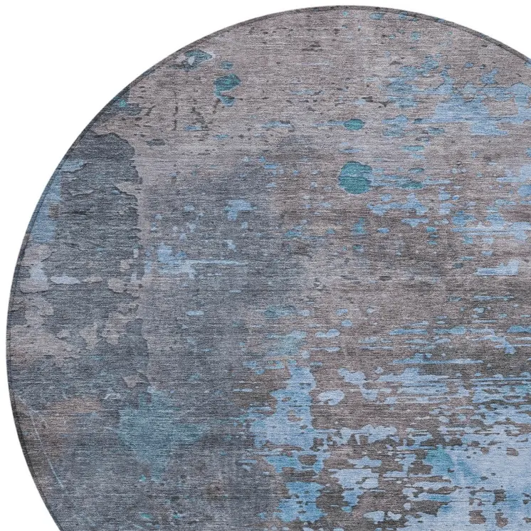 8' Teal Blue Taupe And Sky Blue Round Abstract Washable Indoor Outdoor Area Rug