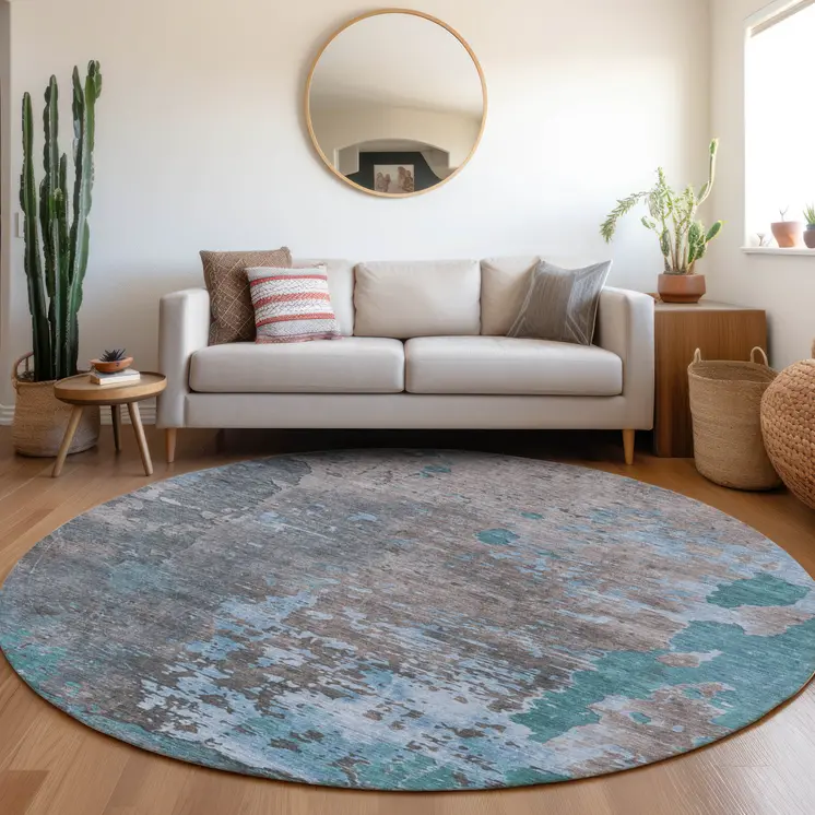 8' Teal Blue Taupe And Sky Blue Round Abstract Washable Indoor Outdoor Area Rug