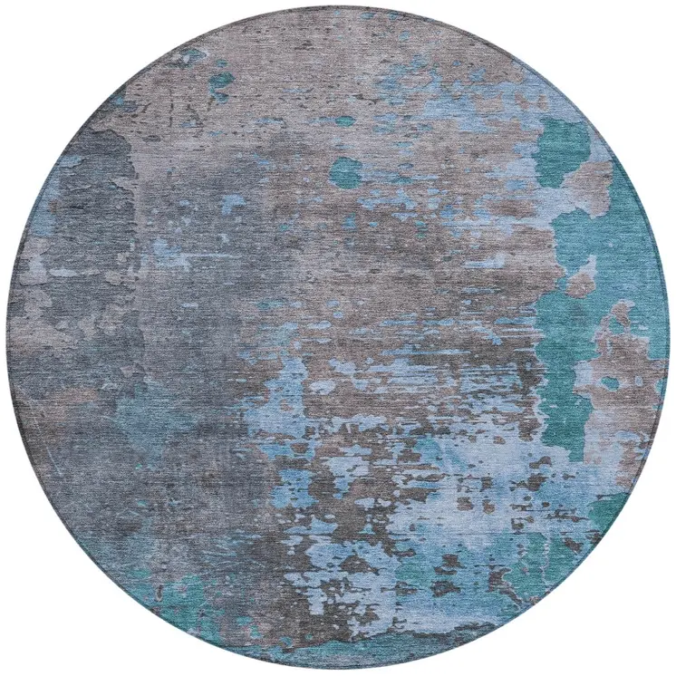 8' Teal Blue Taupe And Sky Blue Round Abstract Washable Indoor Outdoor Area Rug