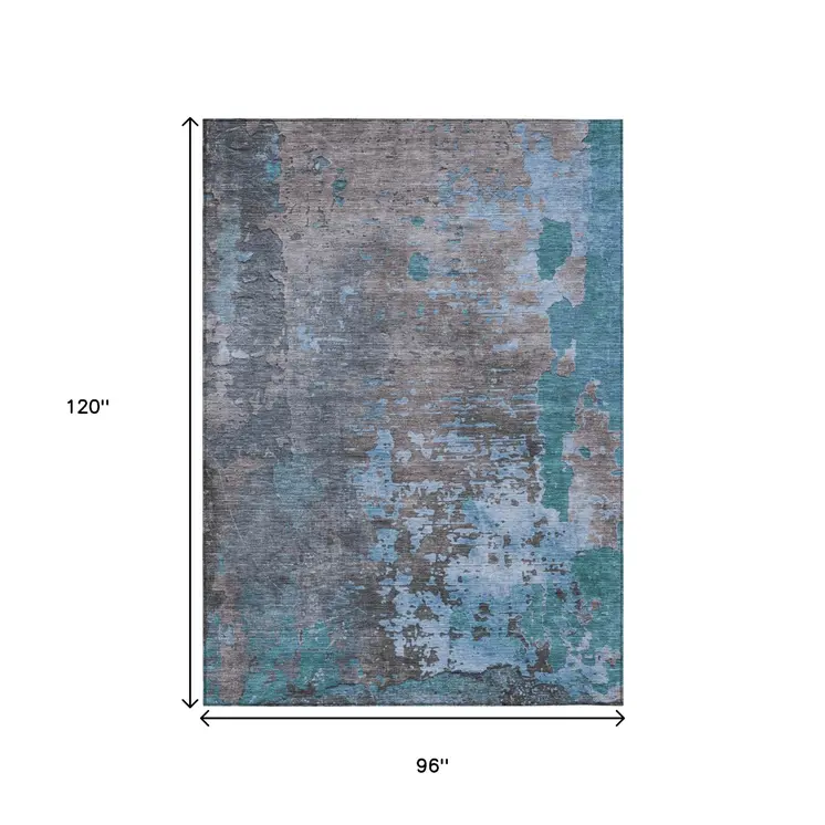 8' X 10' Teal Blue Taupe And Sky Blue Abstract Washable Indoor Outdoor Area Rug