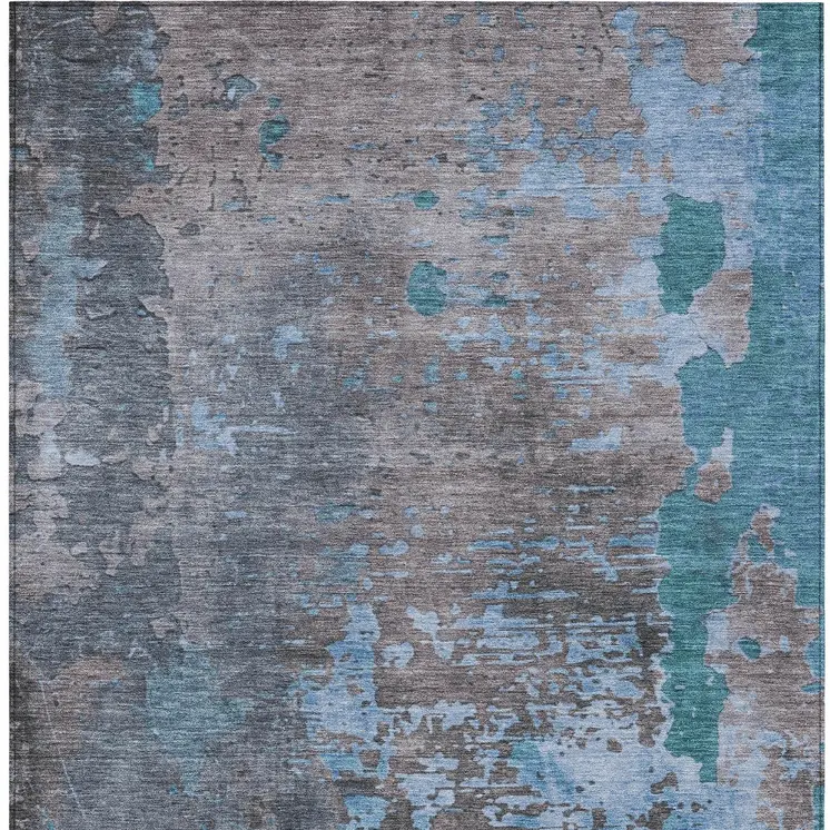 9' X 12' Teal Blue Taupe And Sky Blue Abstract Washable Indoor Outdoor Area Rug