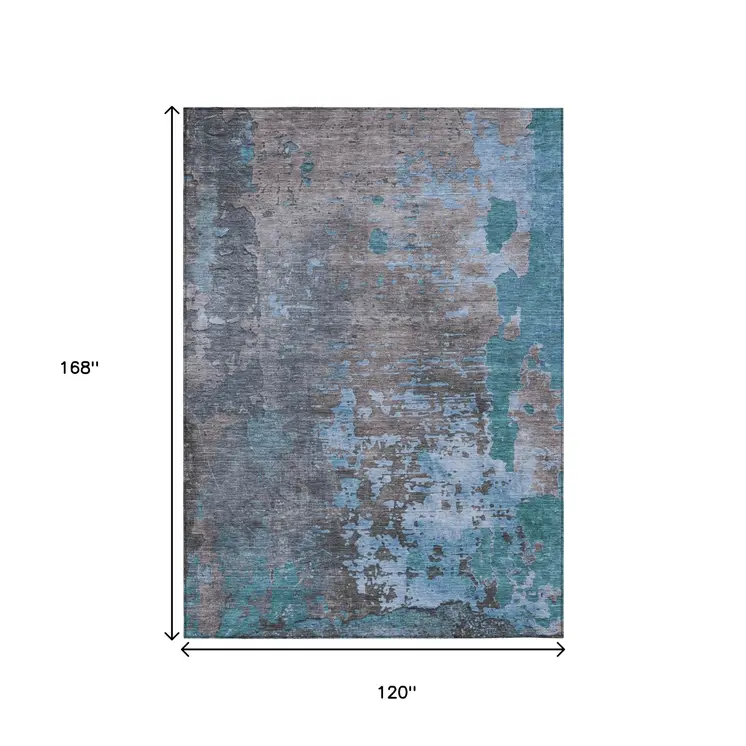 10' X 14' Teal Blue Taupe And Sky Blue Abstract Washable Indoor Outdoor Area Rug
