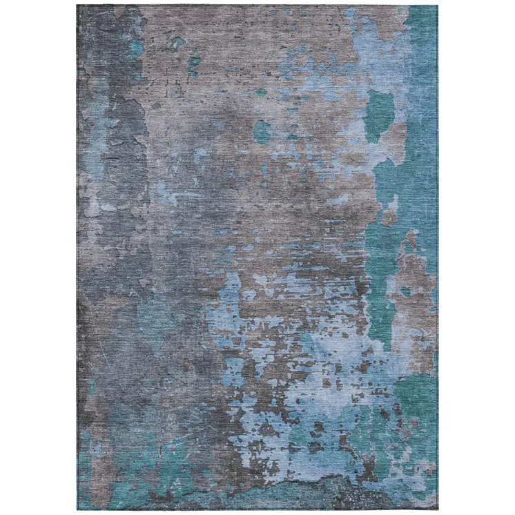 10' X 14' Teal Blue Taupe And Sky Blue Abstract Washable Indoor Outdoor Area Rug