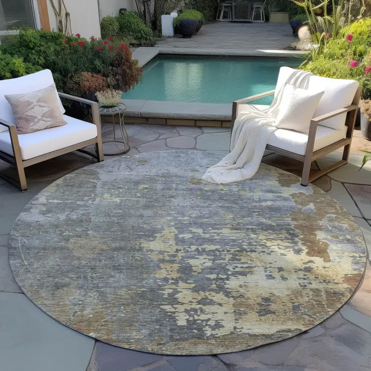 8' Taupe Gray And Beige Round Abstract Washable Indoor Outdoor Area Rug