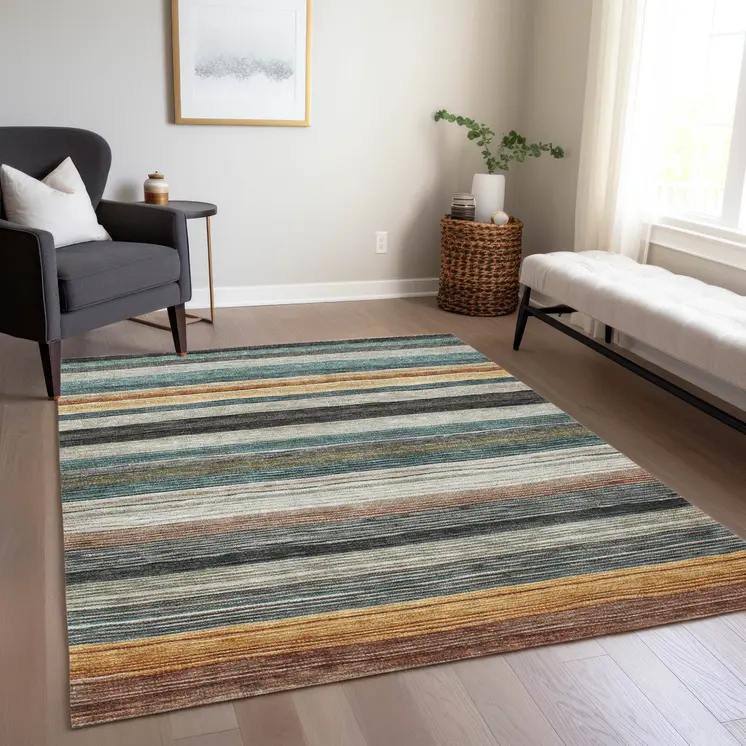 3' X 5' Beige Gold Brown And Taupe Striped Washable Indoor Outdoor Area Rug