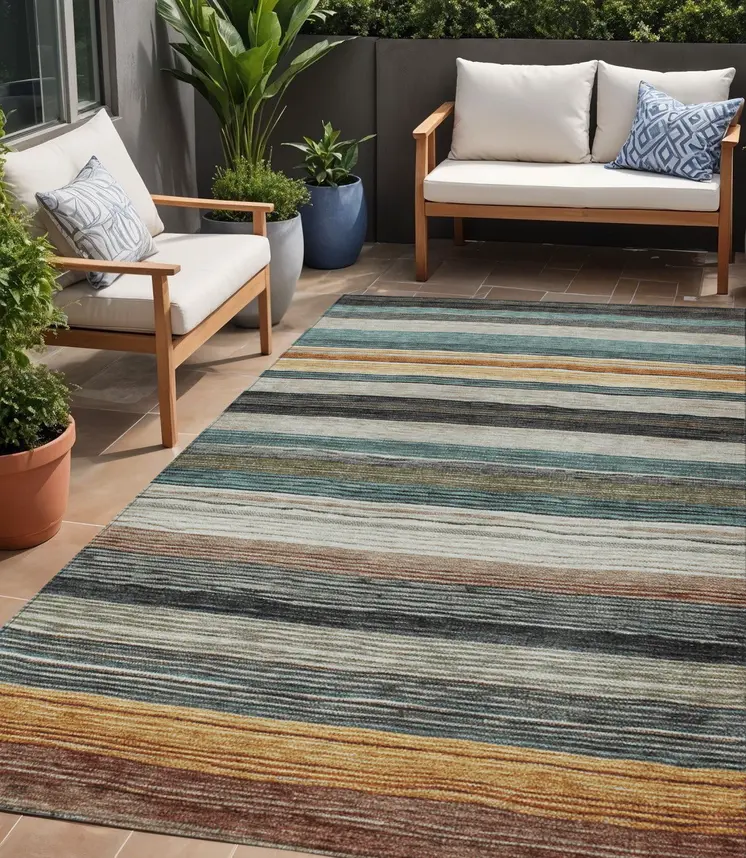 5' X 8' Beige Gold Brown And Taupe Striped Washable Indoor Outdoor Area Rug