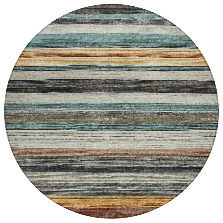 8' Beige Gold Brown And Taupe Round Striped Washable Indoor Outdoor Area Rug