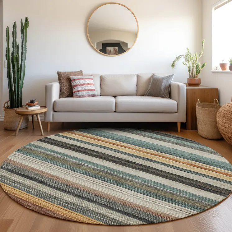 8' Beige Gold Brown And Taupe Round Striped Washable Indoor Outdoor Area Rug
