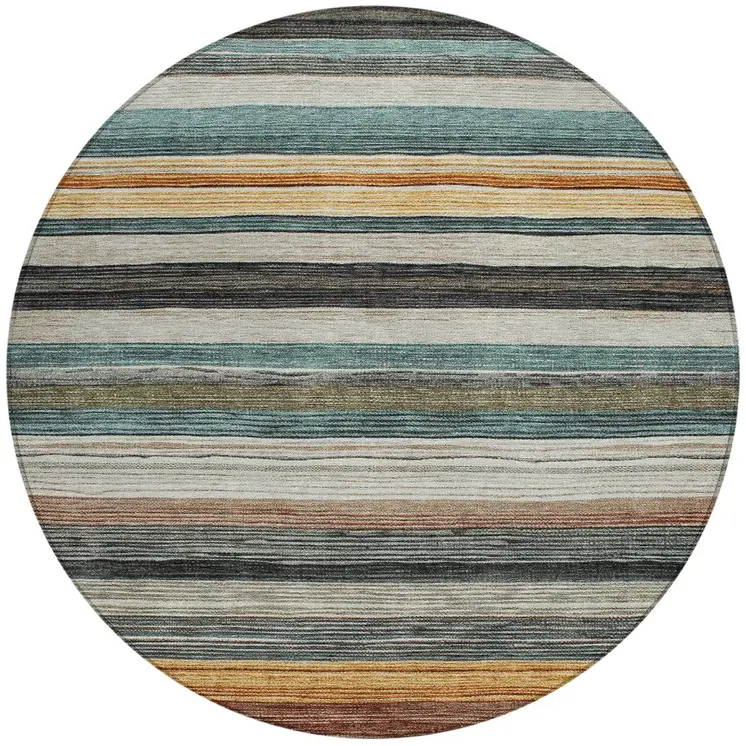 8' Beige Gold Brown And Taupe Round Striped Washable Indoor Outdoor Area Rug