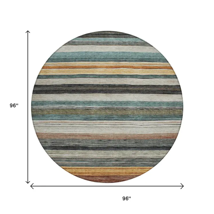 8' Beige Gold Brown And Taupe Round Striped Washable Indoor Outdoor Area Rug
