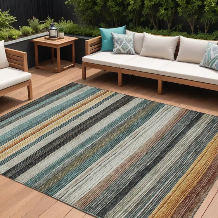 8' X 10' Beige Gold Brown And Taupe Striped Washable Indoor Outdoor Area Rug