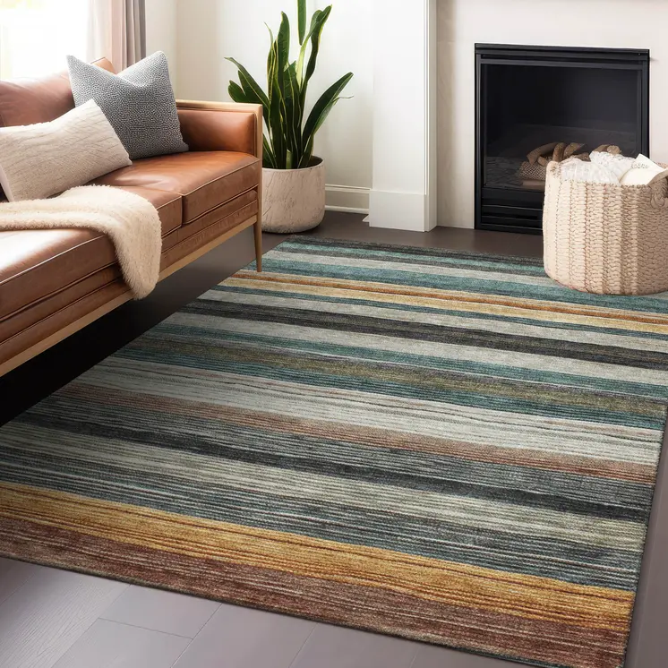 10' X 14' Beige Gold Brown And Taupe Striped Washable Indoor Outdoor Area Rug