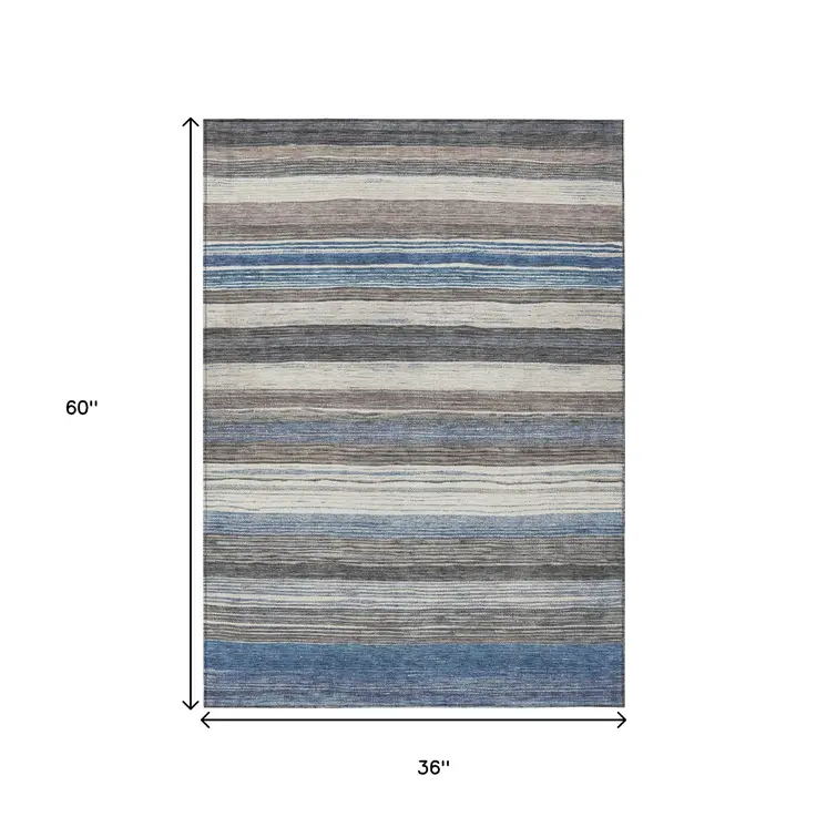 3' X 5' Denim Blue Beige And Taupe Striped Washable Indoor Outdoor Area Rug
