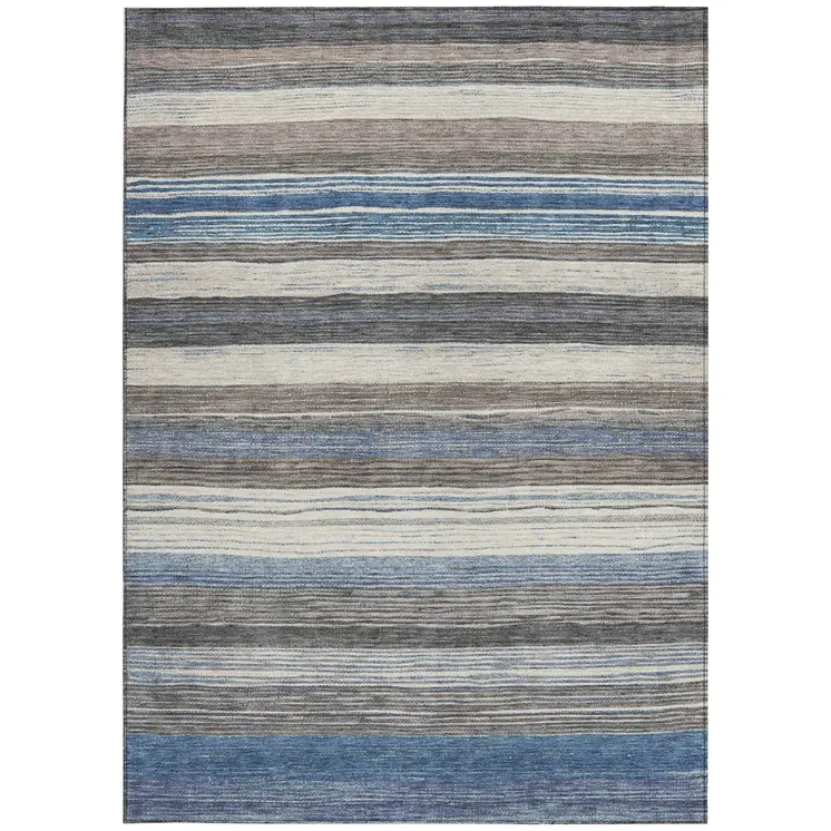 5' X 8' Denim Blue Beige And Taupe Striped Washable Indoor Outdoor Area Rug