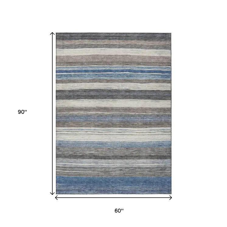 5' X 8' Denim Blue Beige And Taupe Striped Washable Indoor Outdoor Area Rug