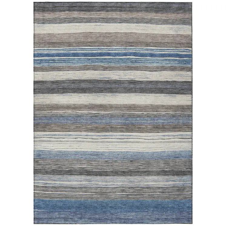 5' X 8' Denim Blue Beige And Taupe Striped Washable Indoor Outdoor Area Rug