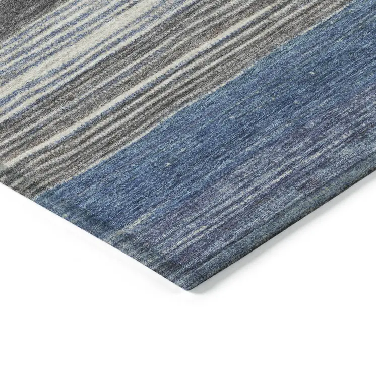 5' X 8' Denim Blue Beige And Taupe Striped Washable Indoor Outdoor Area Rug