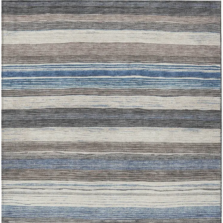5' X 8' Denim Blue Beige And Taupe Striped Washable Indoor Outdoor Area Rug