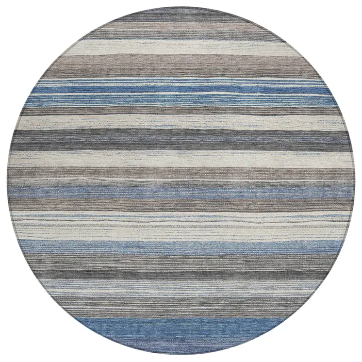 8' Denim Blue Beige And Taupe Round Striped Washable Indoor Outdoor Area Rug