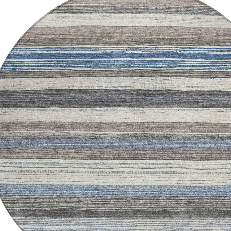 8' Denim Blue Beige And Taupe Round Striped Washable Indoor Outdoor Area Rug