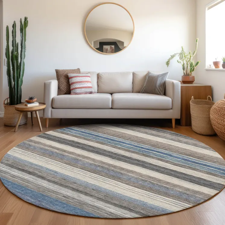 8' Denim Blue Beige And Taupe Round Striped Washable Indoor Outdoor Area Rug