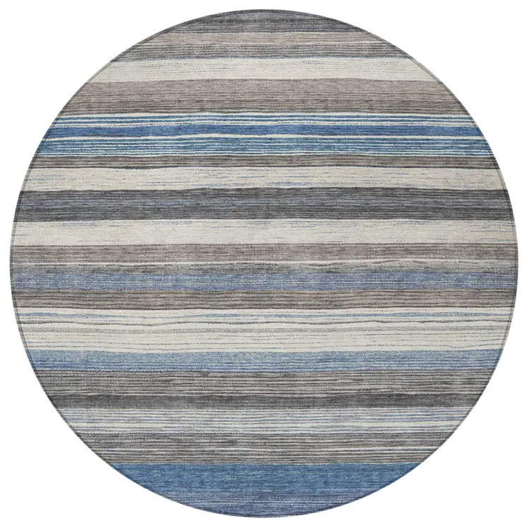 8' Denim Blue Beige And Taupe Round Striped Washable Indoor Outdoor Area Rug