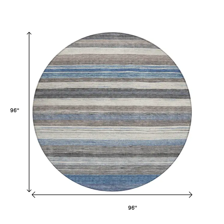 8' Denim Blue Beige And Taupe Round Striped Washable Indoor Outdoor Area Rug