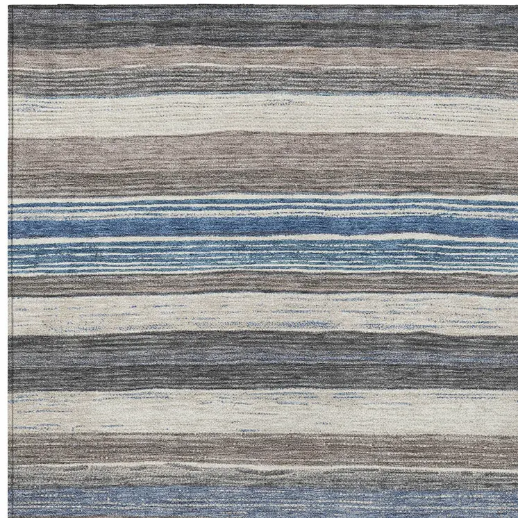 10' X 14' Denim Blue Beige And Taupe Striped Washable Indoor Outdoor Area Rug
