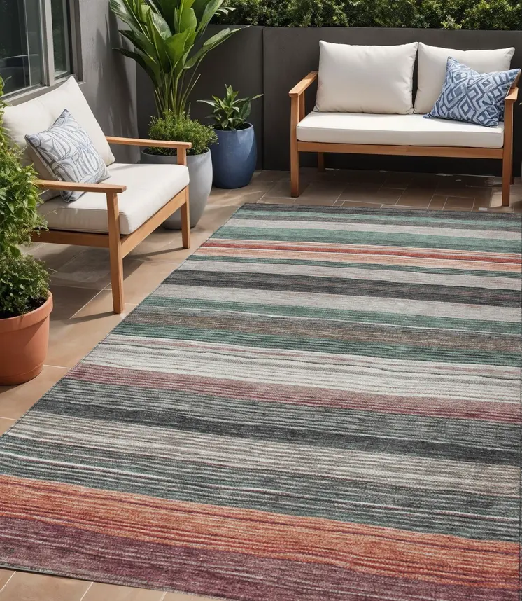 5' X 8' Pale Aqua Copper And Taupe Striped Washable Indoor Outdoor Area Rug