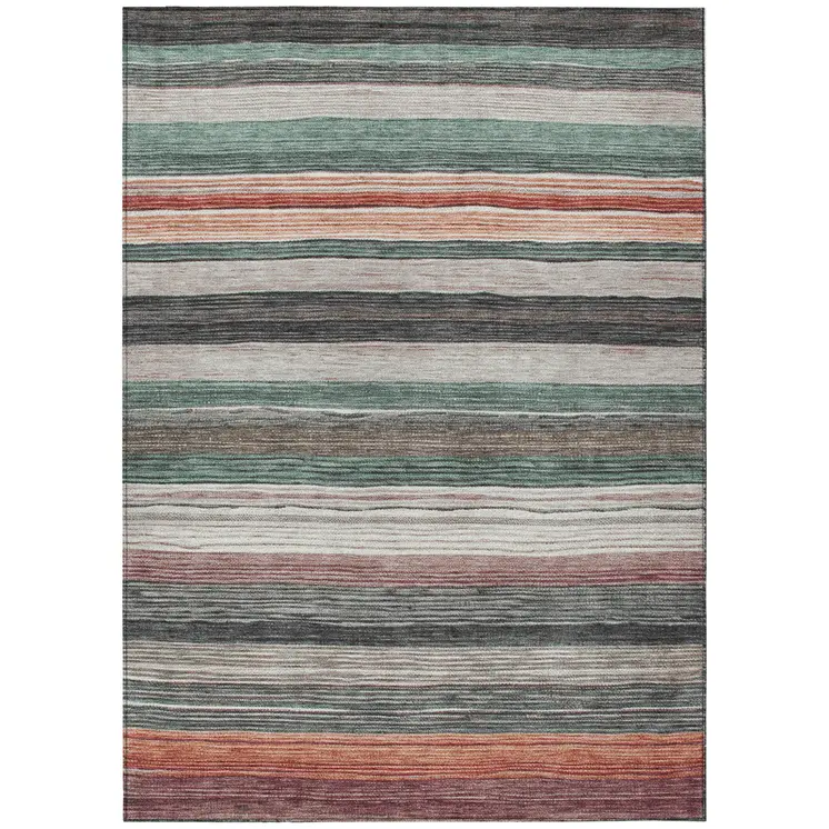 5' X 8' Pale Aqua Copper And Taupe Striped Washable Indoor Outdoor Area Rug