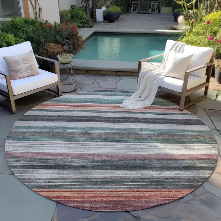 8' Pale Aqua Copper And Taupe Round Striped Washable Indoor Outdoor Area Rug