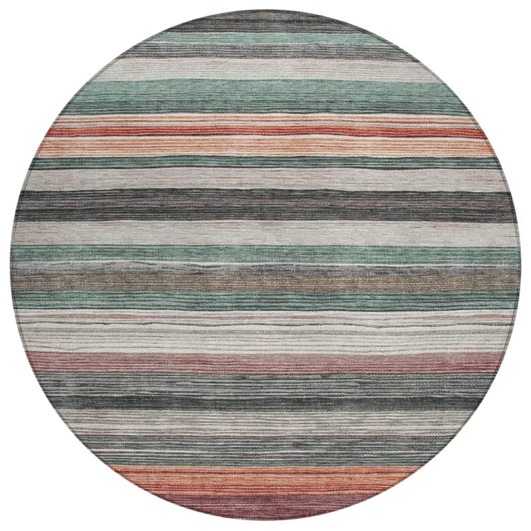 8' Pale Aqua Copper And Taupe Round Striped Washable Indoor Outdoor Area Rug