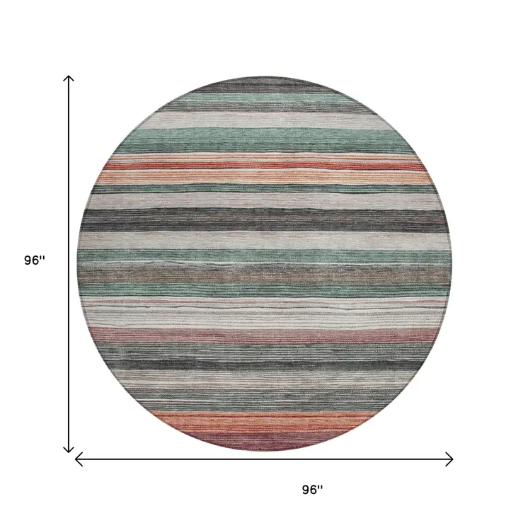 8' Pale Aqua Copper And Taupe Round Striped Washable Indoor Outdoor Area Rug