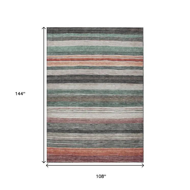 9' X 12' Pale Aqua Copper And Taupe Striped Washable Indoor Outdoor Area Rug