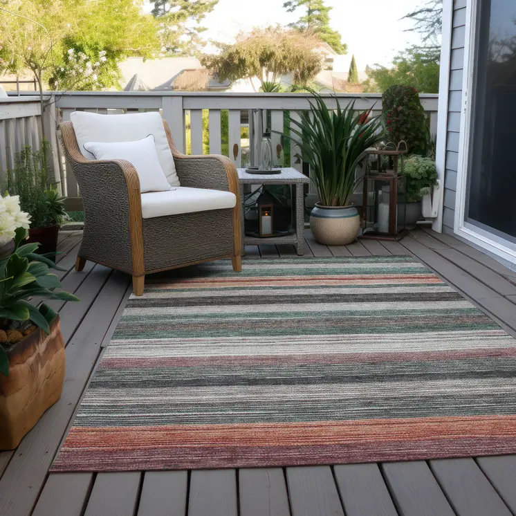 9' X 12' Pale Aqua Copper And Taupe Striped Washable Indoor Outdoor Area Rug